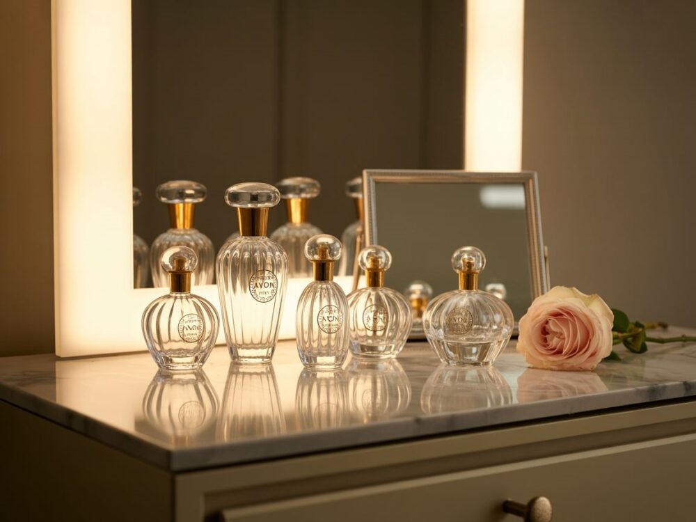 butelki perfum Avon z kwiatami