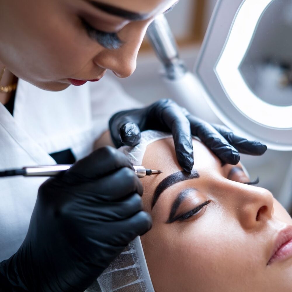 specjalistka wykonuje makijaż brwi