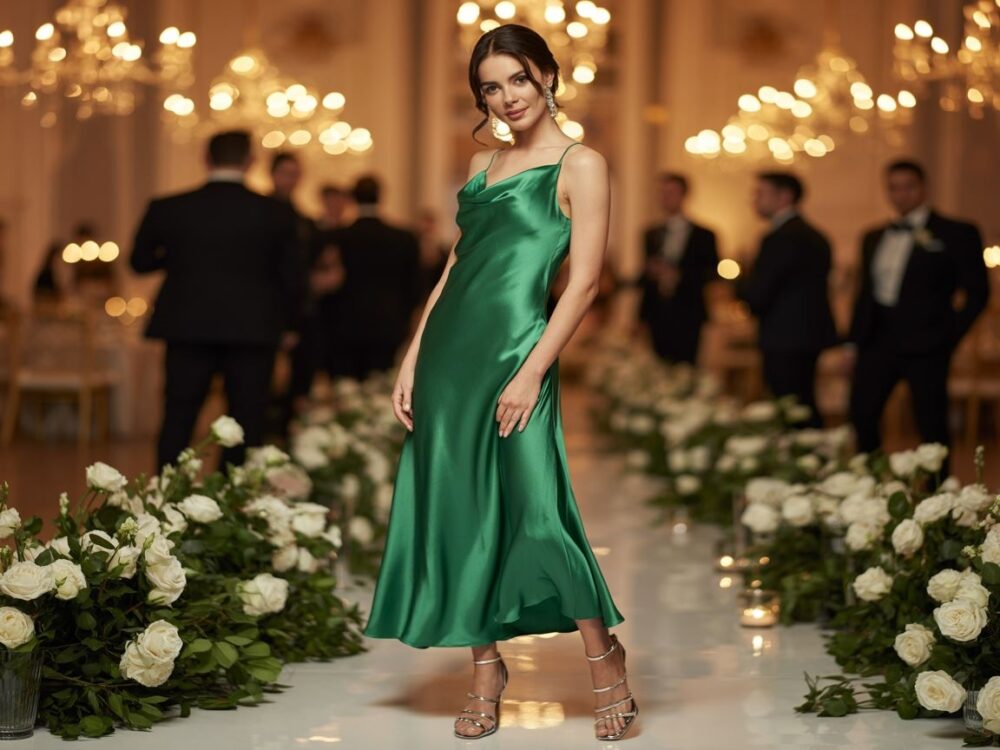 stylizacja weselna z zieloną sukienką