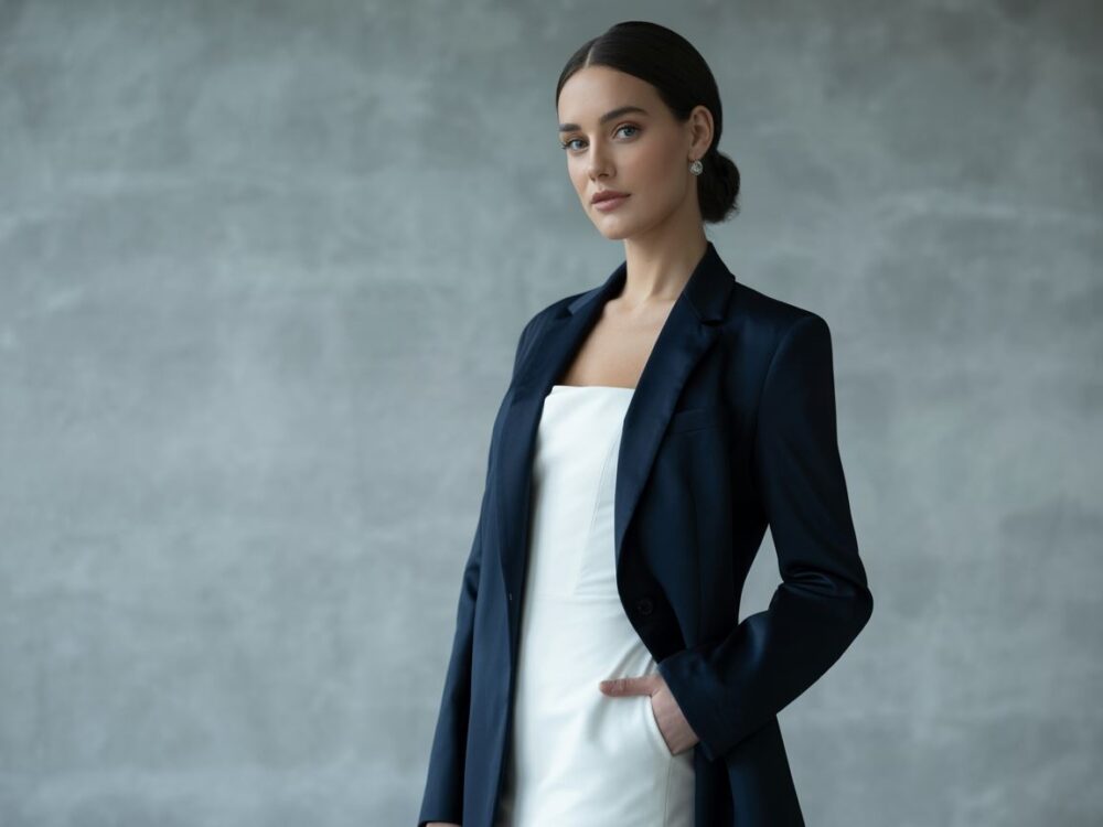 stylizacja z białą sukienką i marynarką