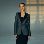 stylizacja z czarną sukienką i marynarką