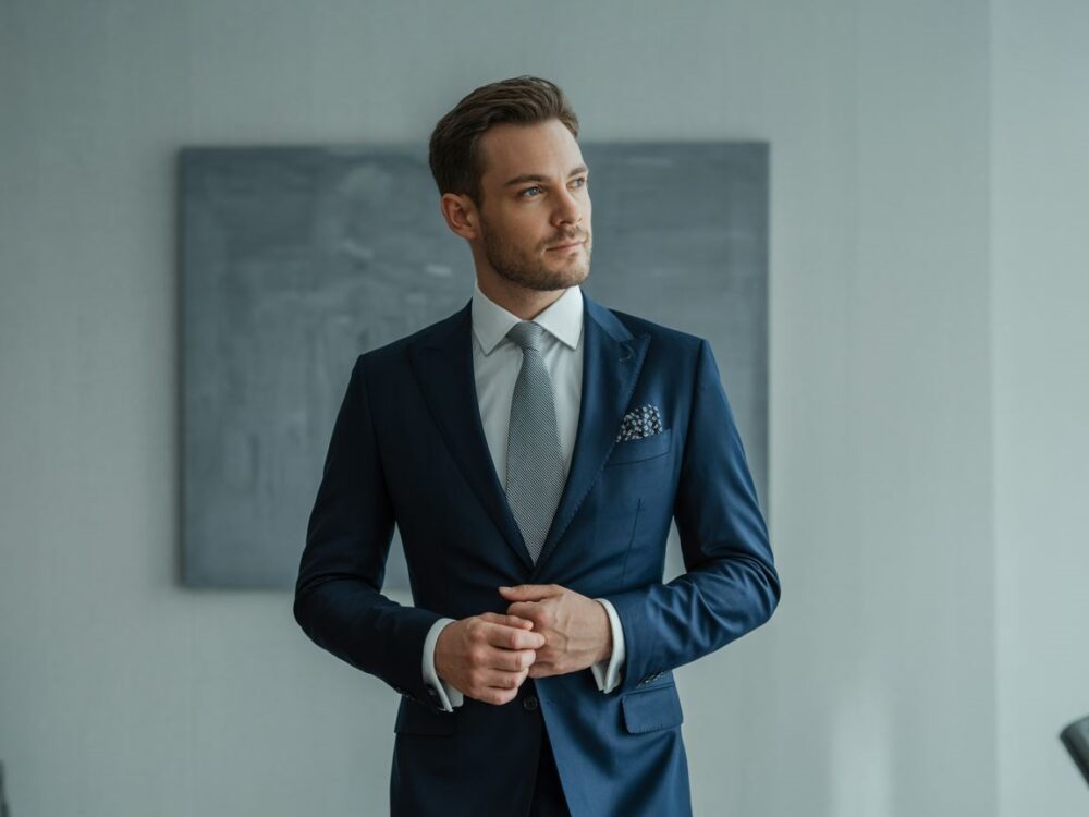 stylizacja z granatowym garniturem