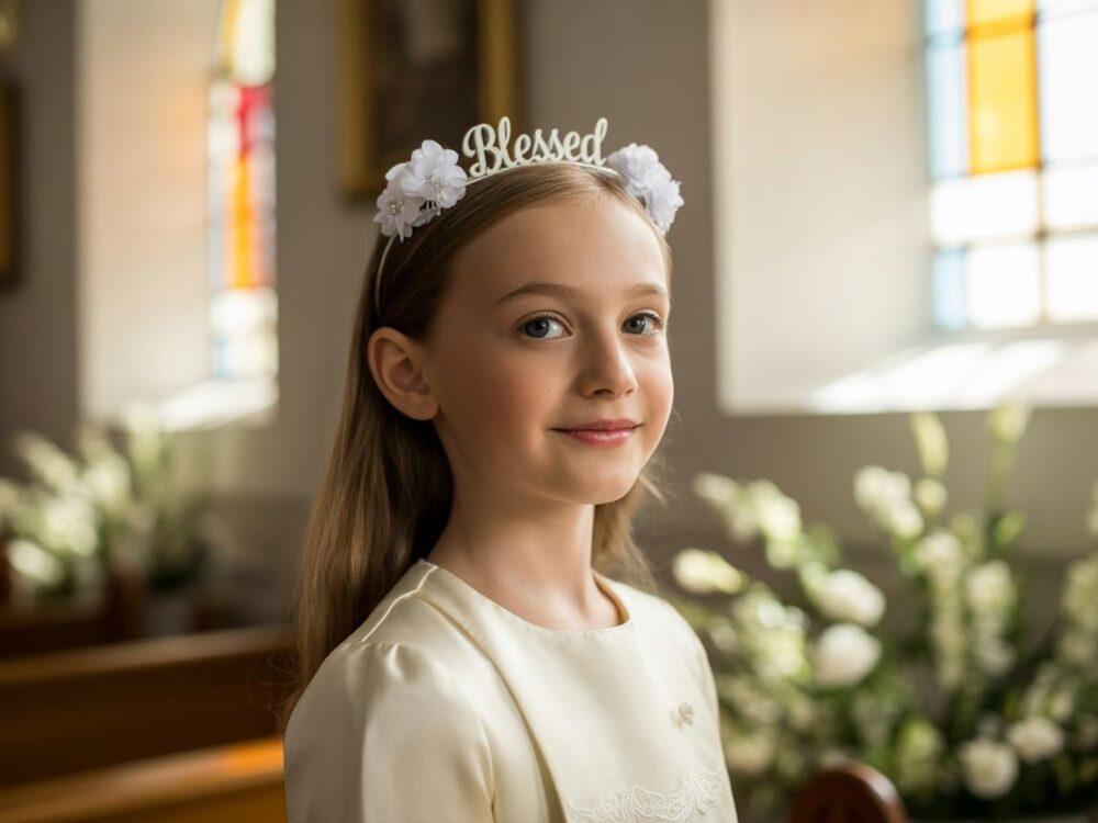 wianek komunijny na prostych włosach